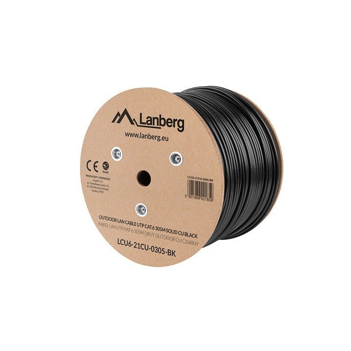 lanberg bobina para exterior lanberg cat.6 utp rj45 solido cobre fluke tested awg23 305m negro