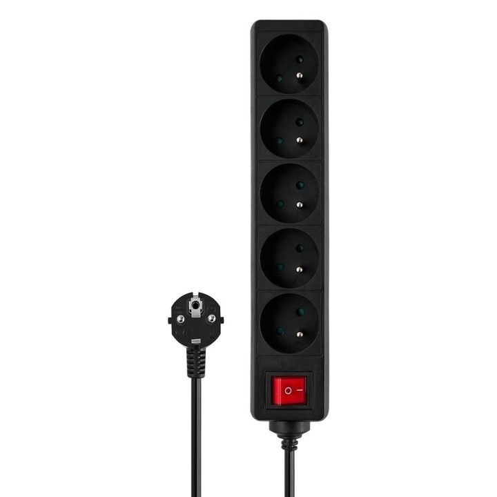 regleta de 5 enchufes 1.5m negro savio lz-01 con interruptor capacidad maxima 2500w