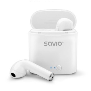 auriculares inalabricos bluetooth 5.0 savio tws-01 blanco con base de carga microfono integrado