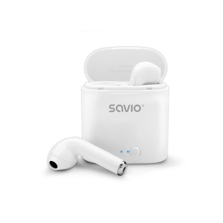 auriculares inalabricos bluetooth 5.0 savio tws-01 blanco con base de carga microfono integrado