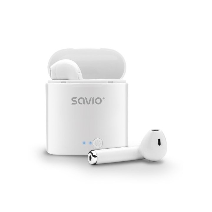 auriculares inalabricos bluetooth 5.0 savio tws-01 blanco con base de carga microfono integrado