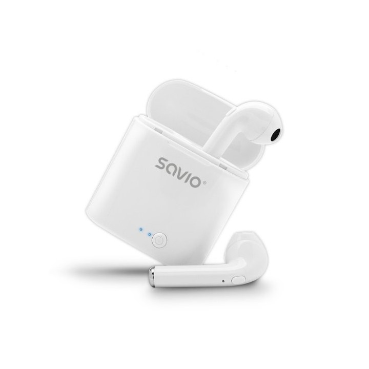 auriculares inalabricos bluetooth 5.0 savio tws-01 blanco con base de carga microfono integrado