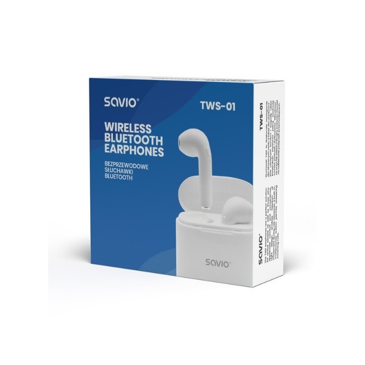 auriculares inalabricos bluetooth 5.0 savio tws-01 blanco con base de carga microfono integrado