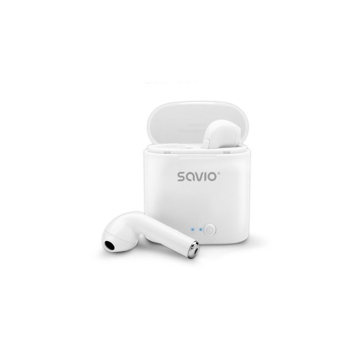 auriculares inalabricos bluetooth 5.0 savio tws-01 blanco con base de carga microfono integrado