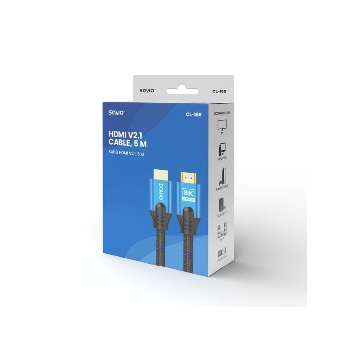 cable hdmi 2.1 (m) trenzado 8k savio cl-169 5m 5m macho a macho azul y negro hdr 8k