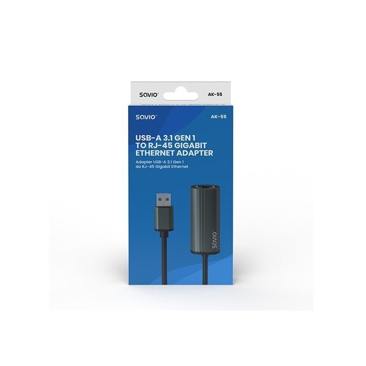 adaptador usb(a) - 1 x rj-45 savio ak-55 usb 3.1 gen 1 negro y gris 10-100 mbps