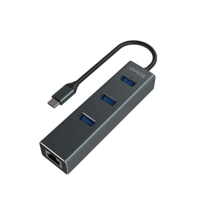 hub savio usb(c) - 3 x usb(a) 3.1 + 1 x rj-45 usb 3.1 gen 1 negro y gris aluminio 5 gbps