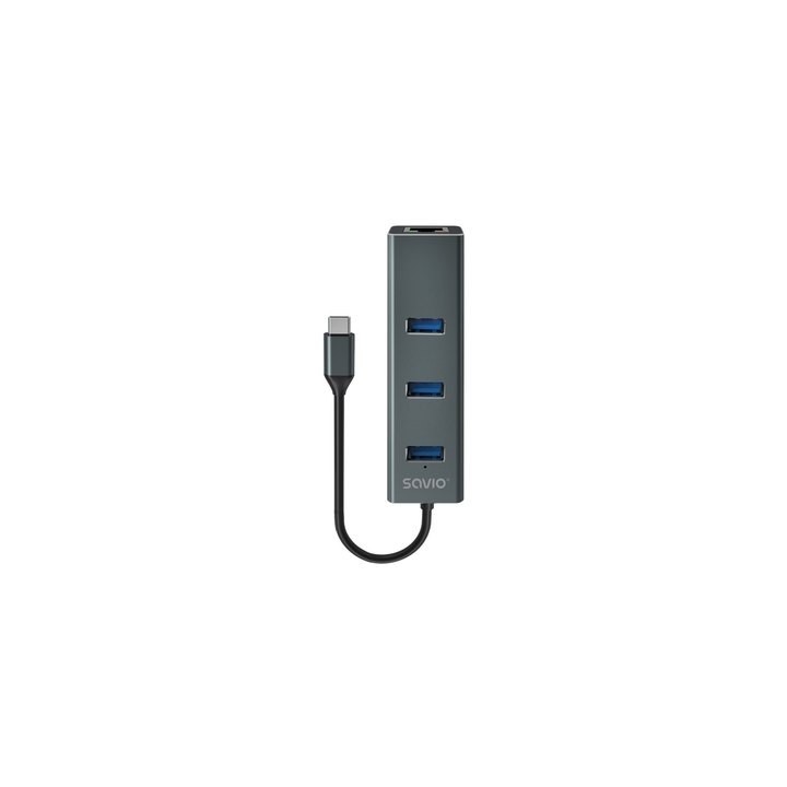hub savio usb(c) - 3 x usb(a) 3.1 + 1 x rj-45 usb 3.1 gen 1 negro y gris aluminio 5 gbps