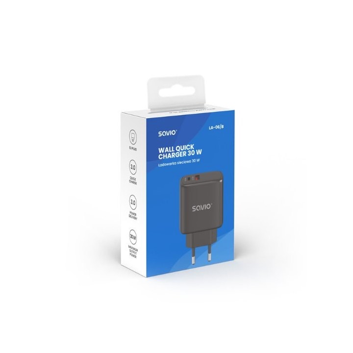 cargador usb 3.0 de carga rapida 30w savio la-06 b 1pd   1usb(a) negro 30w