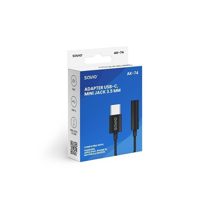 adaptador usb(c) - jack 3.5 mm savio ak-74 negro dac