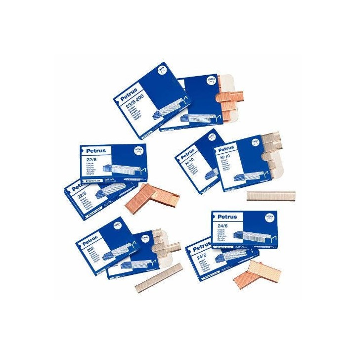 petrus caja de 1000 grapas tipo 22/8 - 24/8 cobreadas para grapadoras de sobremesa/oficina petrus 55