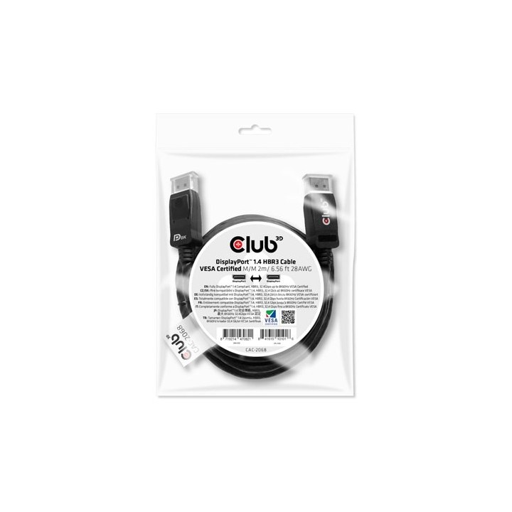 cable club3d displayport 1.4 2m dp 1.4 hbr3 m m 28awg  2m 8k60hz  vesa certificado