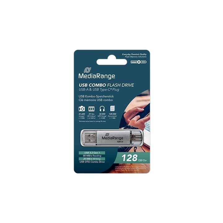 pendrive combo 128gb usb 3.2 mediarange high p. usb-a usb-c lectura 80mbs escritura 20mbs
