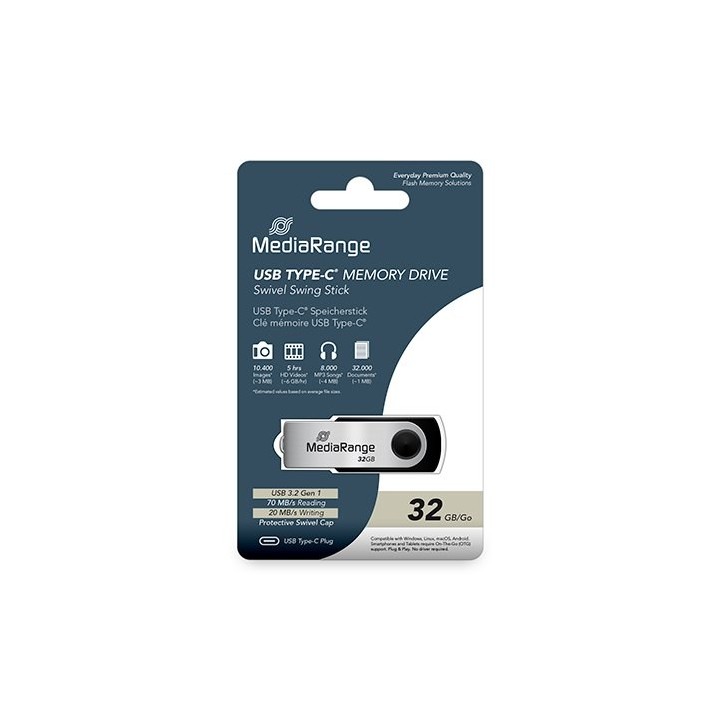 pendrive 32gb usb-c 3.2 mediarange silver-black lectura 70mbs escritura 20mbs