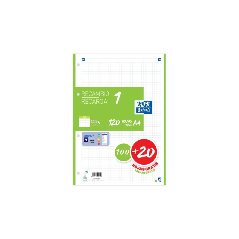 oxford recambio color 1 a4  100+20 hojas 5x5 verde 90grs oxford 400158059