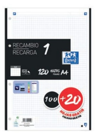 oxford recambio color 1 a4 100+20 hojas 5x5 negro 90grs oxford 400158165