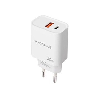 nanocable cargador usb-c/pd+usb-a/qc 30w blanco