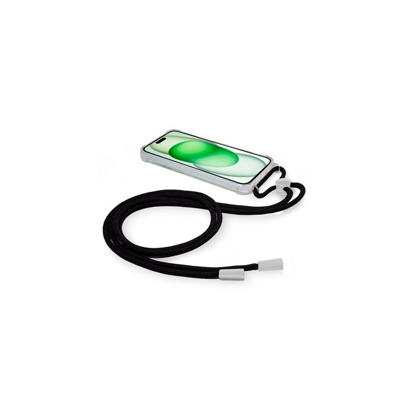 funda cool iphone 15 plus transparente negro incluye cordon negro 150cm