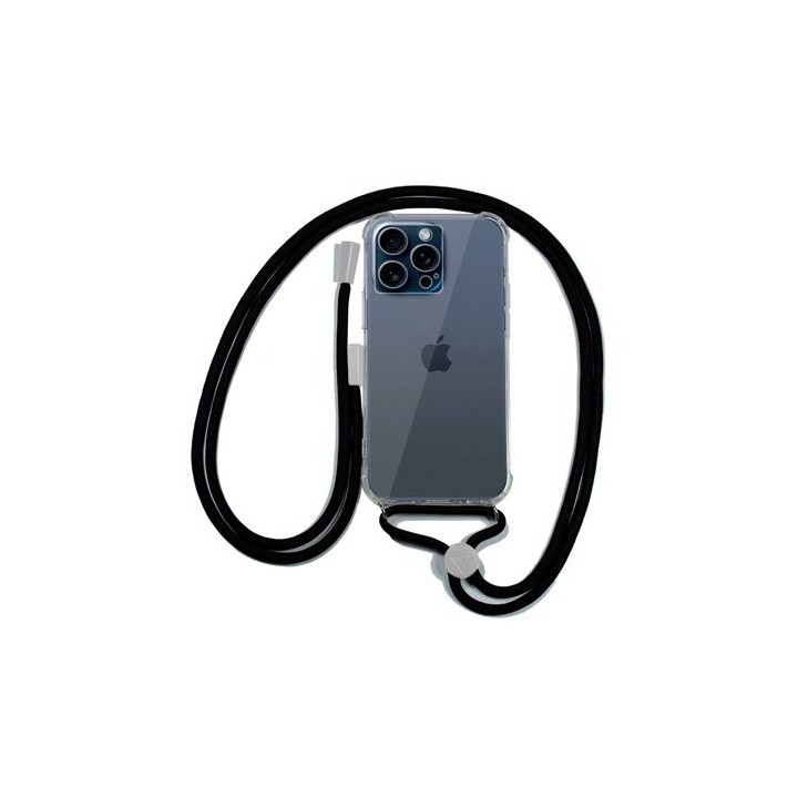 funda cool iphone 15 pro transparente negro incluye cordon negro 150cm