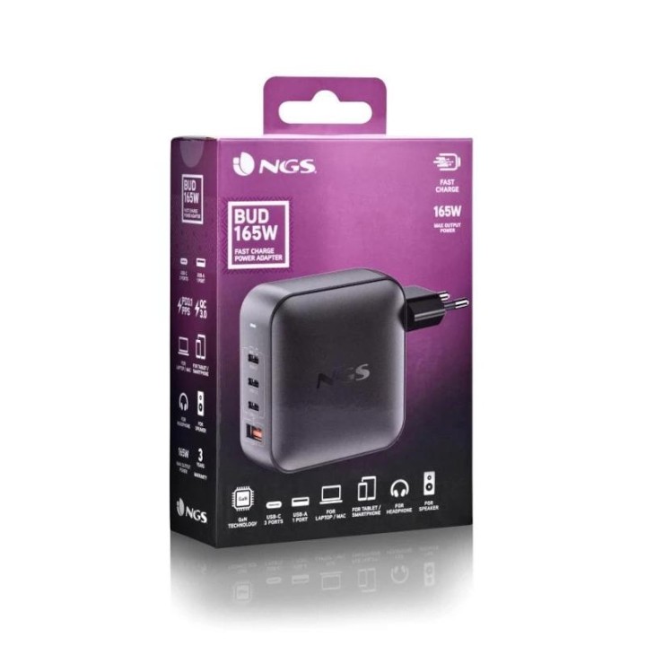 ngs cargador ultrarapido165w 4 puertos 3usb-c 1 us