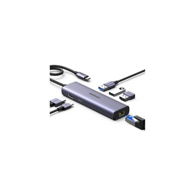 hub ugreen 6en1 usb-c a hdmi + 3xusb-a + rj45 + pd 4k60hz usb 3.0 pd 100w gigabit rj45