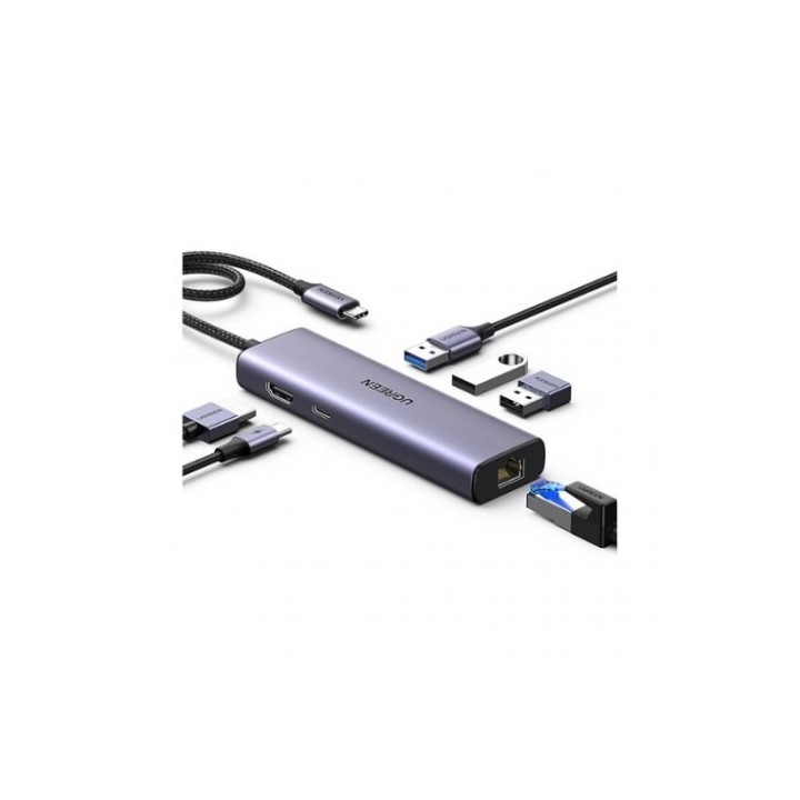 hub ugreen 6en1 usb-c a hdmi + 3xusb-a + rj45 + pd 4k60hz usb 3.0 pd 100w gigabit rj45