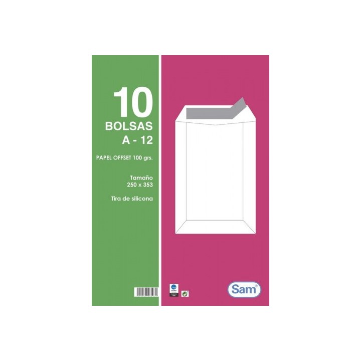 sam paquetes de 10 bolsas blancas, con tira de silicona tamano 250x353 100 grs. sam 665108