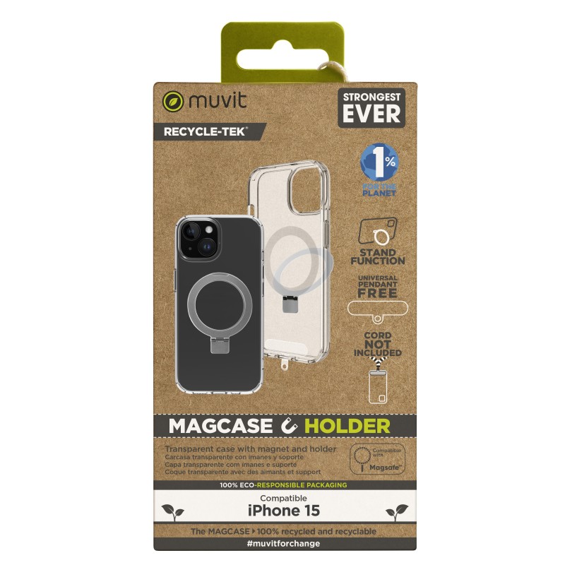 muvit funda muvit recycletek magsafe + soporte para iphone 15 transparente