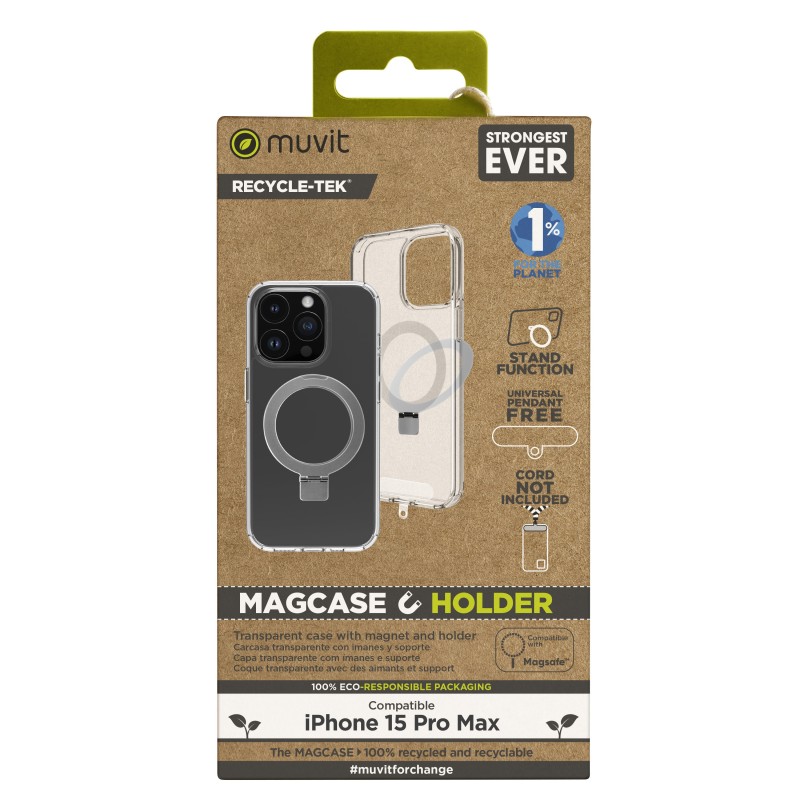 muvit funda muvit recycletek magsafe + soporte para iphone 15 pro max transparente