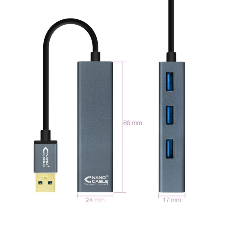 nanocable hub usb 3.0 4 x usb 3.0 10cm. gris