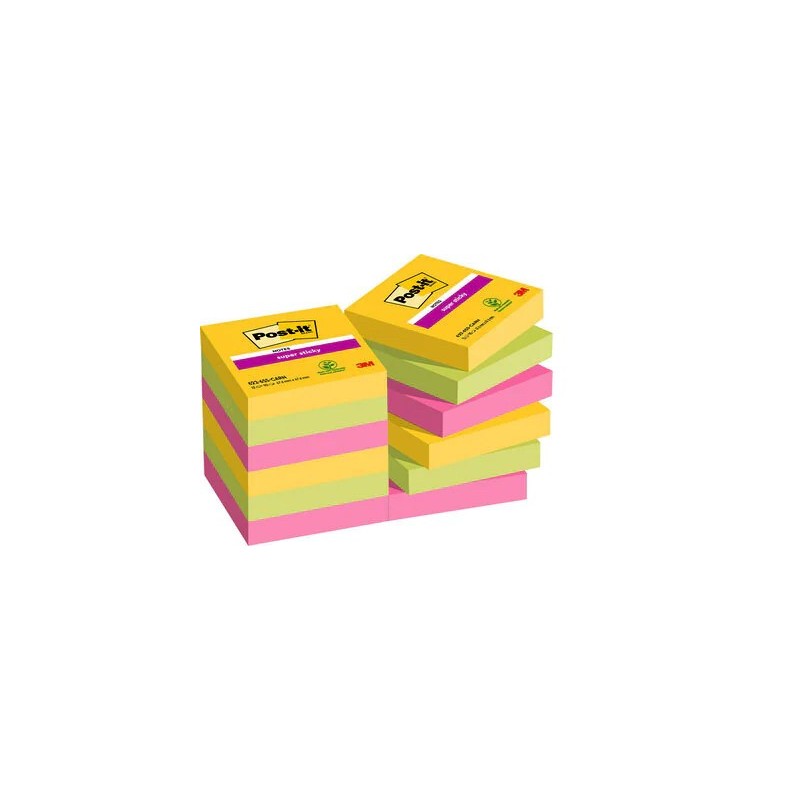 post-it pack 12 blocs 90 hojas notas adhesivas 47,6x47,6mm super sticky coleccion carnival caja cart