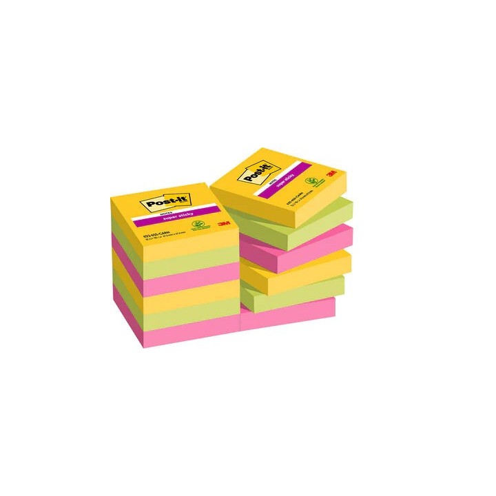 post-it pack 12 blocs 90 hojas notas adhesivas 47,6x47,6mm super sticky coleccion carnival caja cart