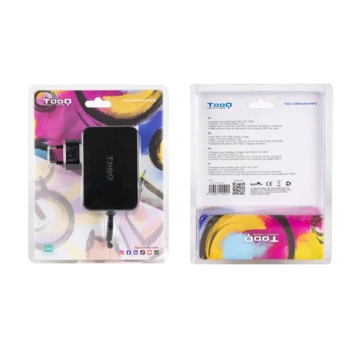 tooq cargador portatil gan usb-c pd 100w negro