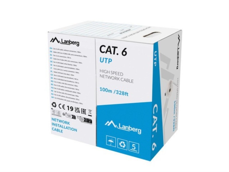 bobina cable de red lanberg rj45 cat.6 utp solido cu cpr 100m gris fluke passed