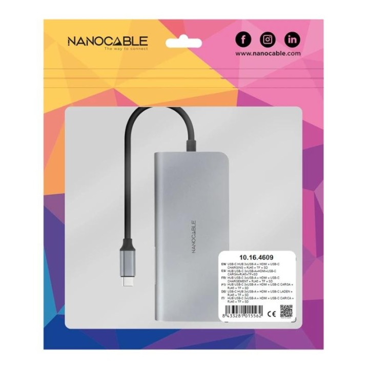 nanocable hub 8en1 usb-a+hdmi+usb-c pd+rj45+tf+sd