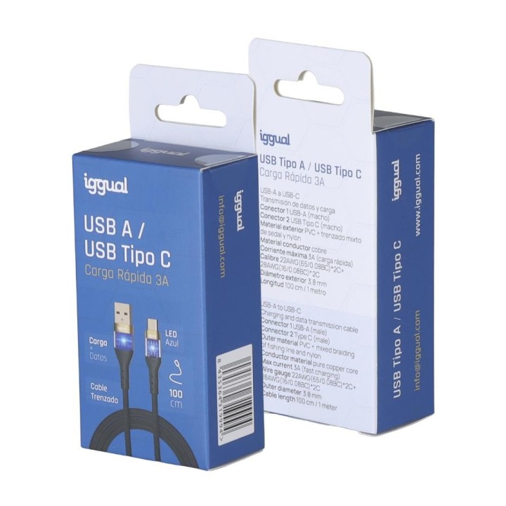 iggual cable usb-a a tipo c 3a 100 cm trenzado led