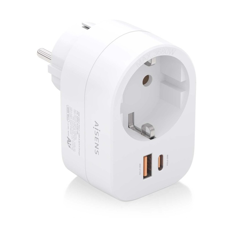 regleta pared aisens 1 toma usb-c 20w pd3.0 usb-a 20w qc3.0 blanco