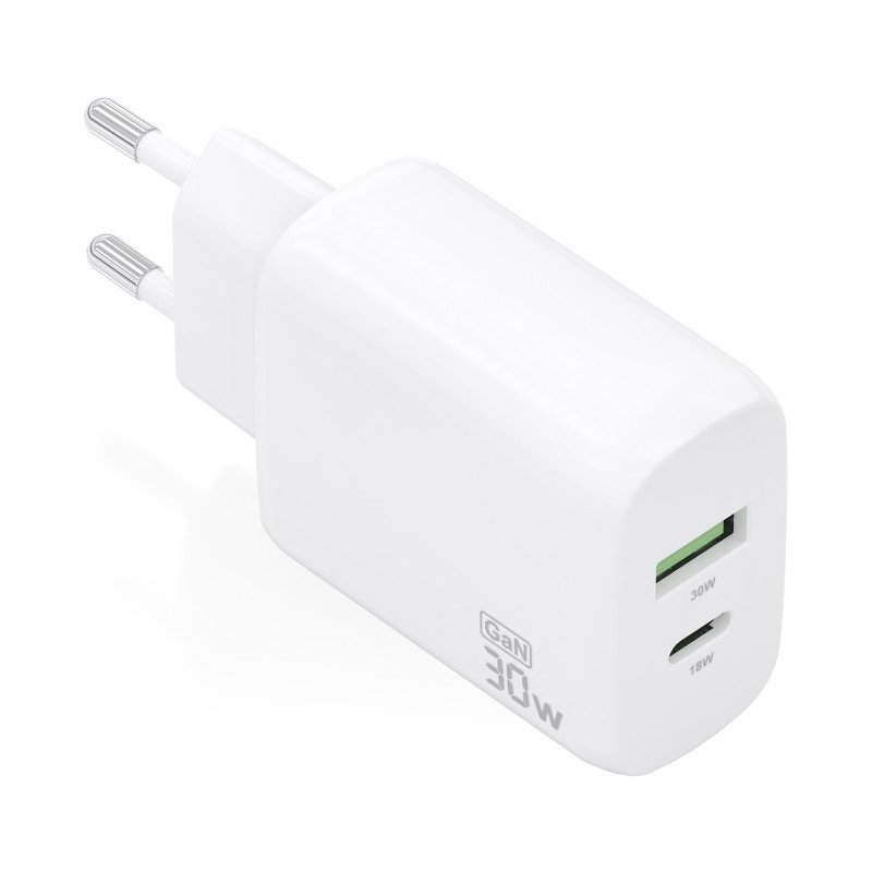 cargador aisens gan 30w, 1xusb-c pd3.0 qc4.0, 1xusb-a qc3.0, blanco