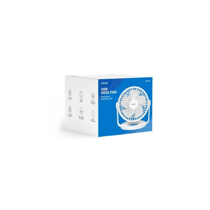 ventilador escritorio usb savio ad-01 white 4 modos de refrigeracion ajuste de angulo de 360o