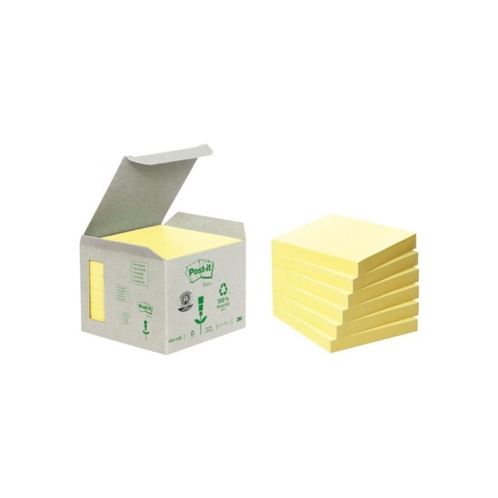 post-it pack 6 blocs 100 hojas notas recicladas adhesivas 76x76mm amarillo caja carton 654-1b post-i