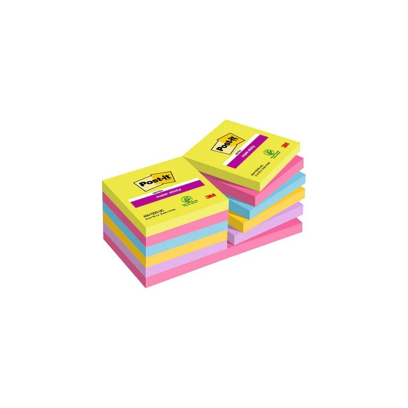 post-it pack 12 blocs 90 hojas notas adhesivas 76x76mm super sticky colores surtidos ultra 654-12ssu