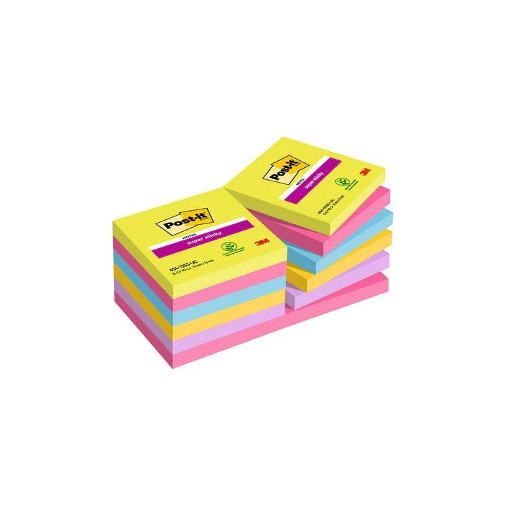 post-it pack 12 blocs 90 hojas notas adhesivas 76x76mm super sticky colores surtidos ultra 654-12ssu