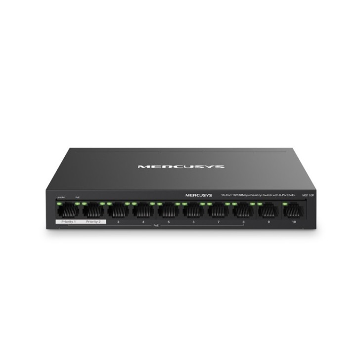 switch mercusys ms110p 10 puertos 10/100mbps y 8 puertos poe+