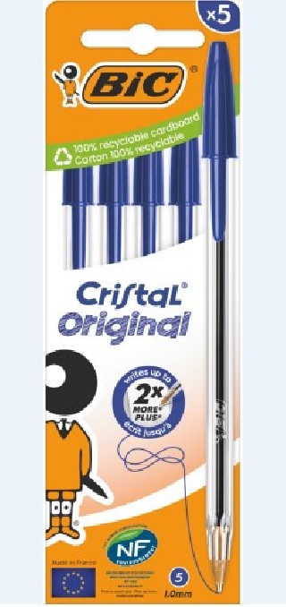 bic bolsa 5 boligrafos cristal con cuerpo transparente trazo 0,4mm. azul bic 802052