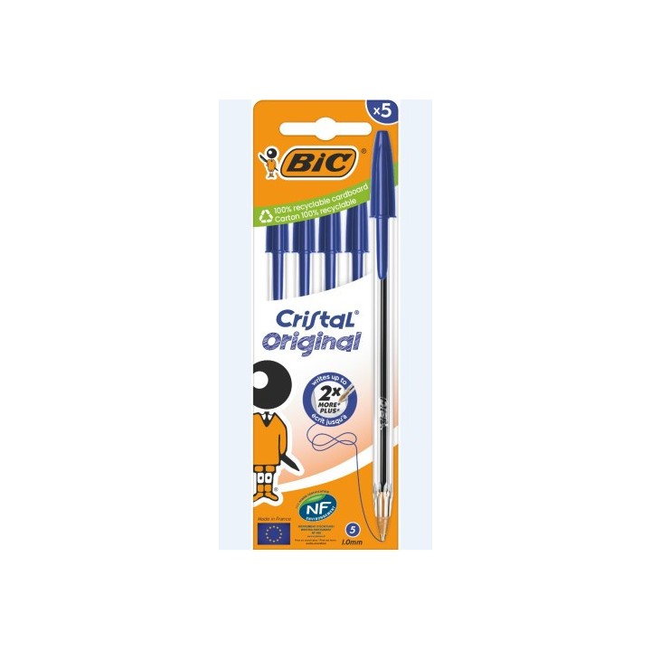 bic bolsa 5 boligrafos cristal con cuerpo transparente trazo 0,4mm. azul bic 802052