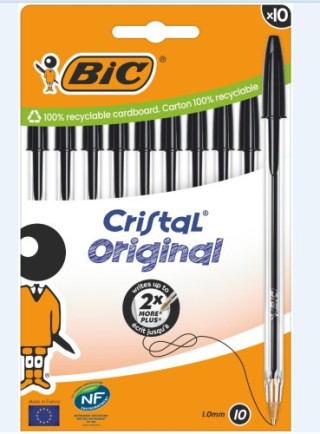 bic blister carton 10 boligrafos cristal con cuerpo transparente trazo 0,4mm. negro bic 516353