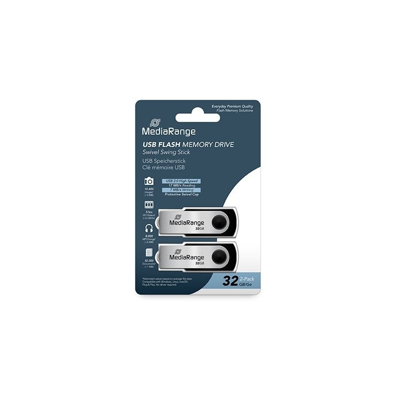 pendrive 32gb usb 2.0 mediarange 2 pack lectura 17mbs escritura 7mbs