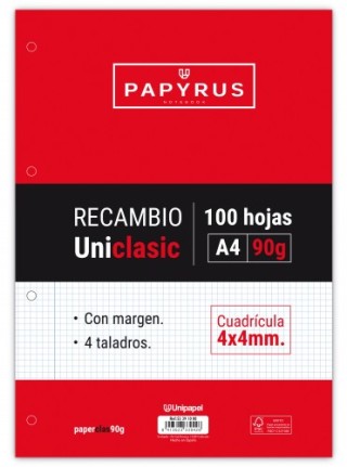 papyrus recambio paquete 100 hojas a4 uniclasic 90 gr. 4x4 con margen papyrus 53391000