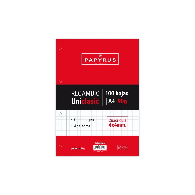 papyrus recambio paquete 100 hojas a4 uniclasic 90 gr. 4x4 con margen papyrus 53391000