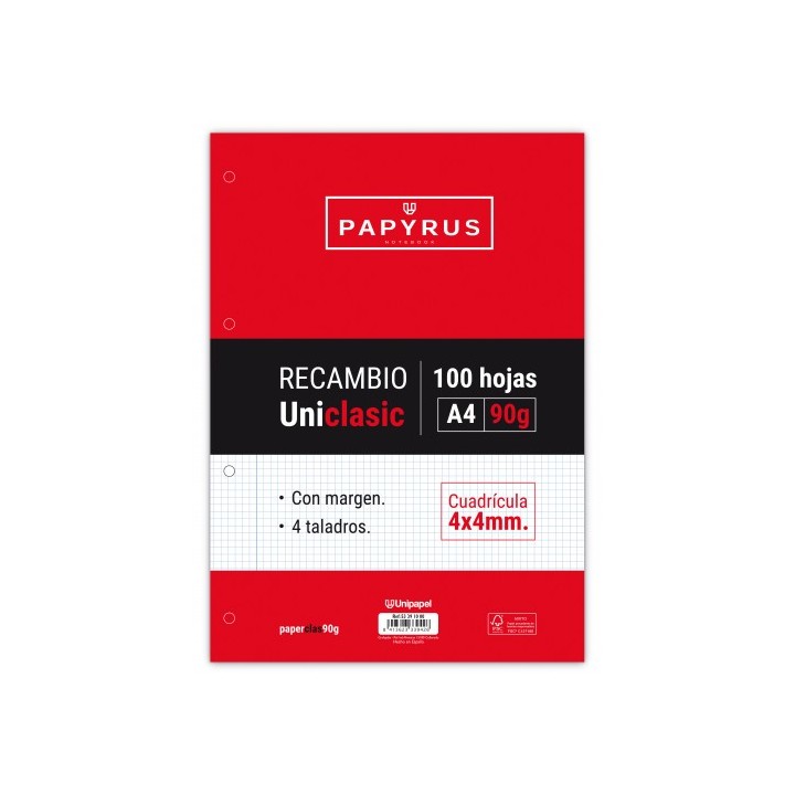 papyrus recambio paquete 100 hojas a4 uniclasic 90 gr. 4x4 con margen papyrus 53391000